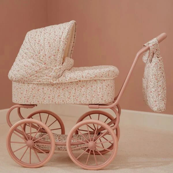 CARRITO CON CAPAZO MUÑECAS METAL FLORES